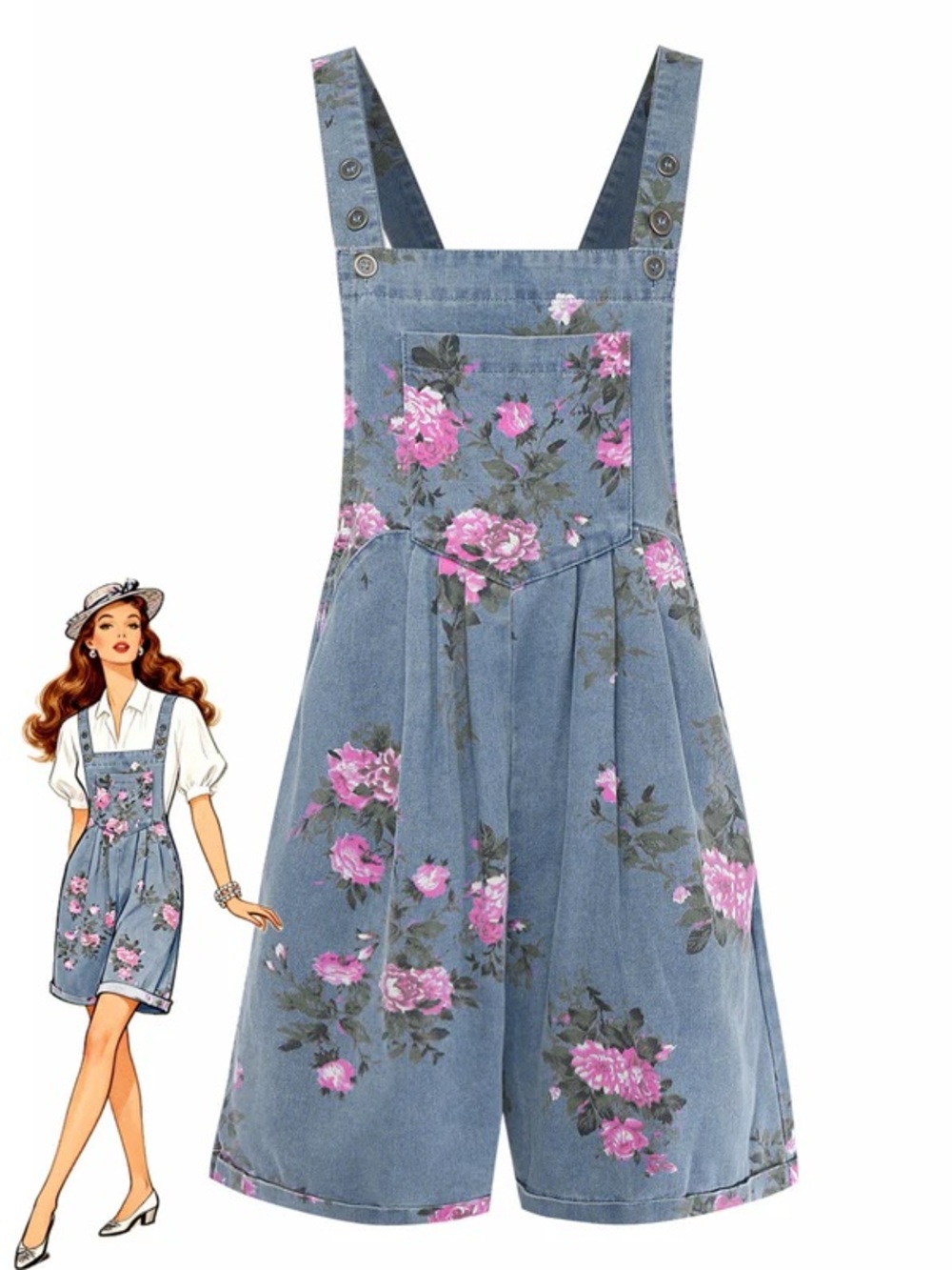 BLUE 1960S DENIM FLORAL POCKET WIDE STRAP ROMPER Small